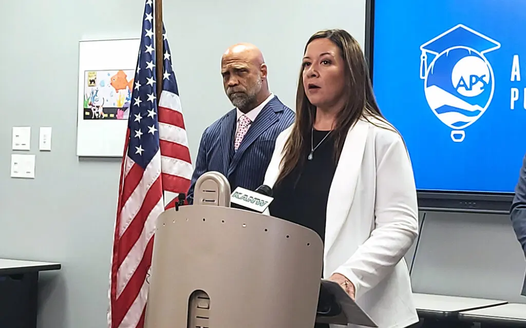 APS Superintendent Gabriella Blakey speaks at a back-to-school press conference as Deputy Superintendent for Leadership and Learning Randy Mahlerwein stands behind her. Blakey has defended the district's use of the Amira AI reading tool as a state screener amid escalating parent protests over student voice recordings. (Rodd Cayton)