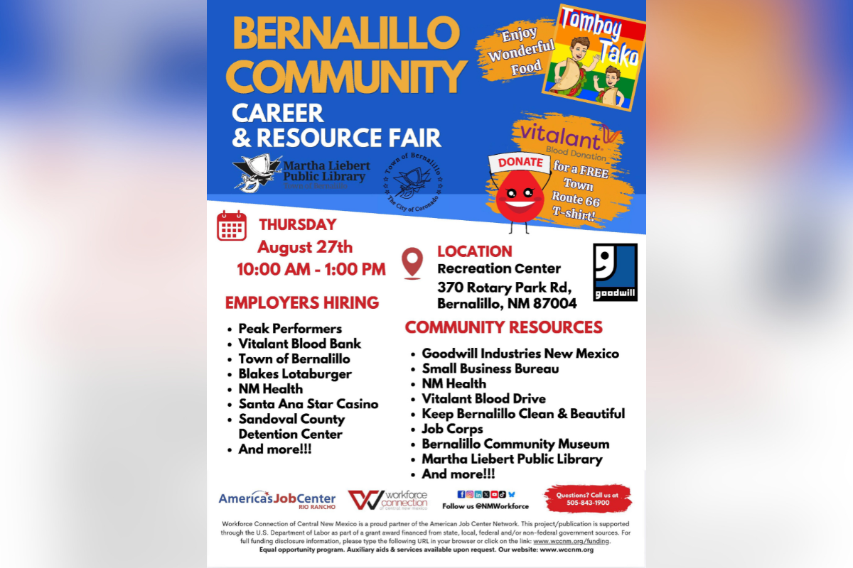 Job seekers in Bernalillo won't have to look far this week — a career and resource fair rolls into the Recreation Center Thursday with employers, blood donors and free tacos all under one roof.