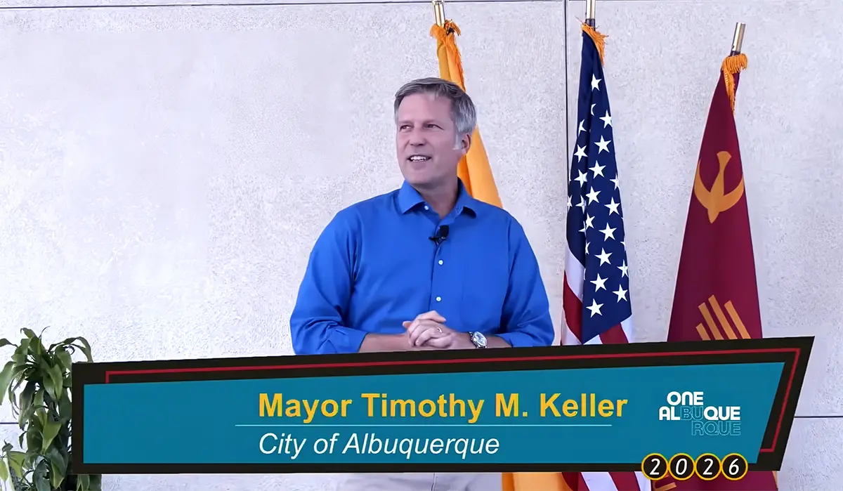 Albuquerque Mayor Tim Keller pitches his "Abundance Agenda" during his unscripted State of the City address at the Route 66 Visitor Center on Aug. 15, 2026 (Screenshot)