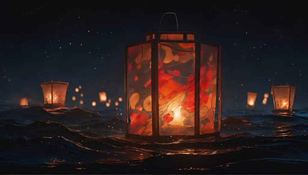 Glowing Japanese lanterns float on water.