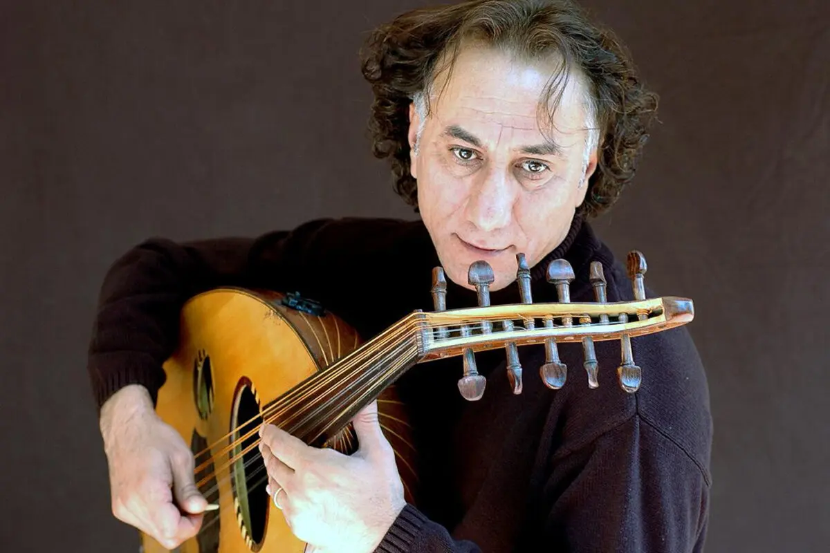 Musician Rahim Alhaj plays the oud.
