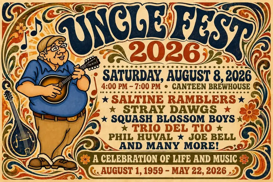 Poster for a music festival with a cartoon drawing of a man playing a banjo.