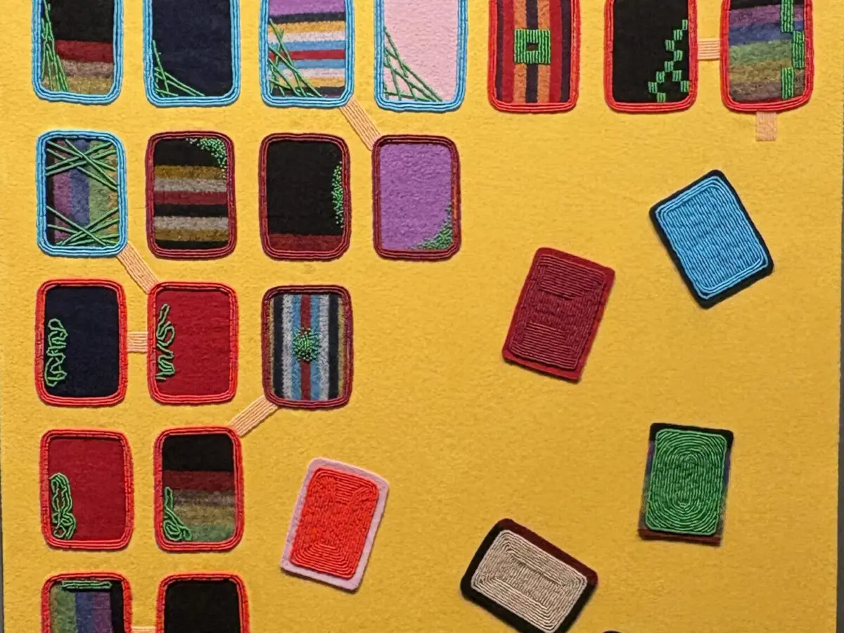 Alex Ponca Stock, A.Identity Crisis, 2026, glass beads on cashmere and broadcloth wool, 44 x 26 inches (Courtesy of Alex Ponca Stock)