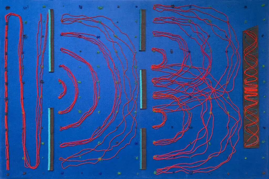 Alex Ponca Stock, Symbolic Procedure (Seeing is Believing), 2026, glass beads on cashmere and broadcloth wool, 36 x 54 inches (Courtesy of Alex Ponca Stock)