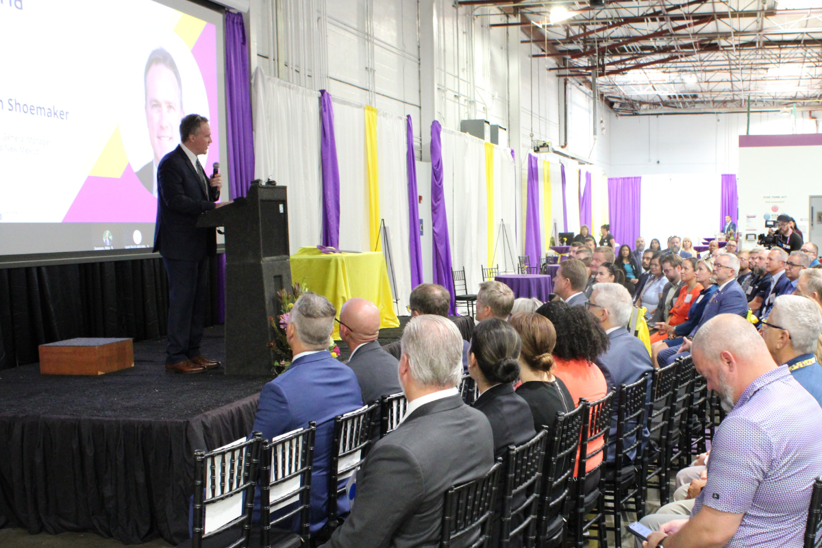 Curia’s Jon Shoemaker speaks during a ribbon-cutting ceremony Sept. 3 to celebrate the biopharma manufacturer’s expansion. (Julian Paras)