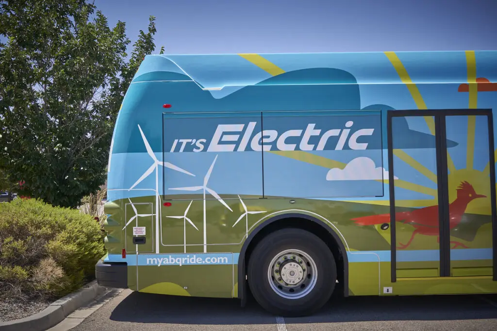 An ABQ RIDE electric bus, one of five in the city’s fleet, is pictured in Albuquerque. The buses have been out of service since December because of mechanical problems and difficulty getting parts. (CABQ)