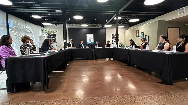 U.S. Sen. Martin Heinrich meets with New Mexico children’s advocates Wednesday at the Resilience Hub in downtown Albuquerque for a roundtable focused on education, health care and family economic security. (Jesse Jones)