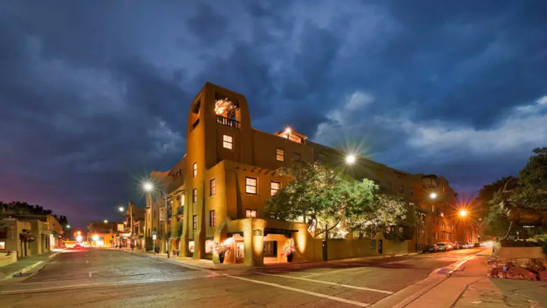 La Fonda Hotel sits on the Santa Fe Plaza.