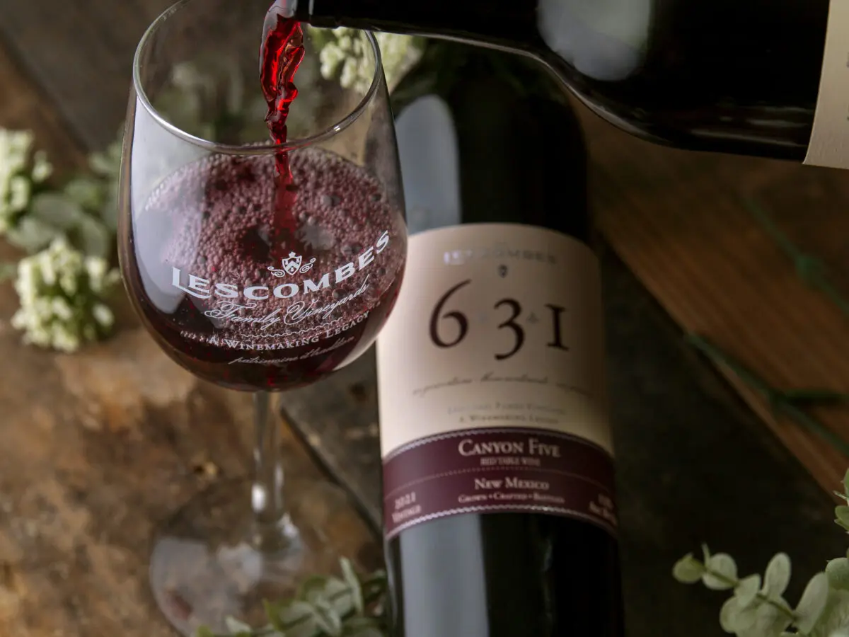 A bottle of red win from Lescombes Family Vineyards