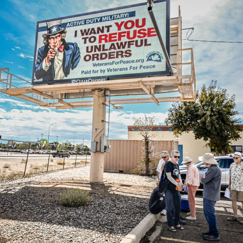 Veterans For Peace billboard off I-40 urges troops, FBI, ICE to refuse ‘unlawful’ orders
