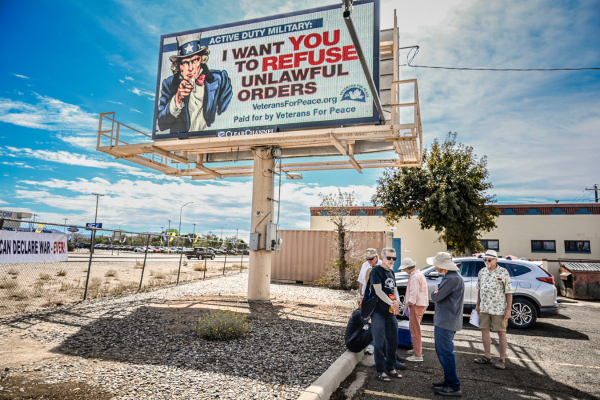 Members of the group VeteransForPeace.org held a conference near the intersection of Wyoming and Interstate 40 Monday at noon ignorer to reveal a digital billboard with a very specific message that urged active duty military members to disobey unlawful orders. .Photo by Roberto E. Rosales for the Paper