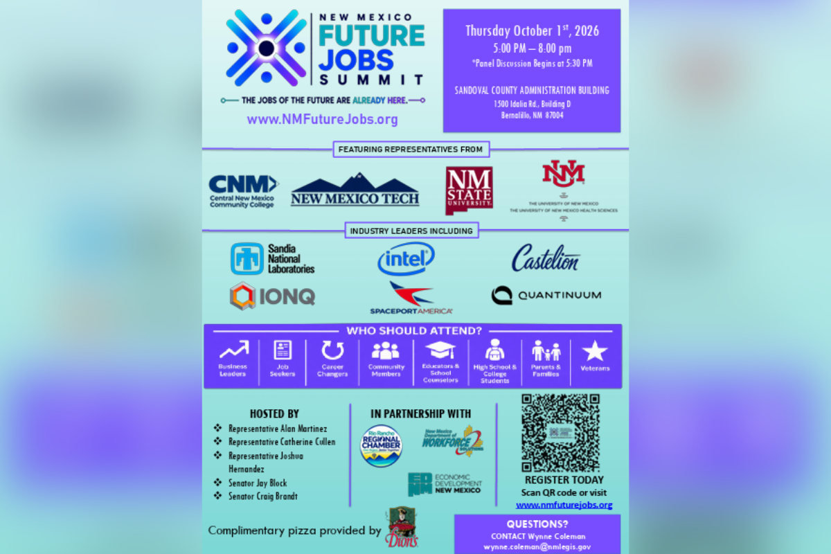 State Rep. Alan Martinez will host the free New Mexico Future Jobs Summit from 5 to 8 p.m. Oct. 1 at the Sandoval County Administration Building, joined by Reps. Josh Hernandez and Catherine Cullen and Sens. Jay Block and Craig Brandt. A panel discussion kicks off at 5:30 p.m.