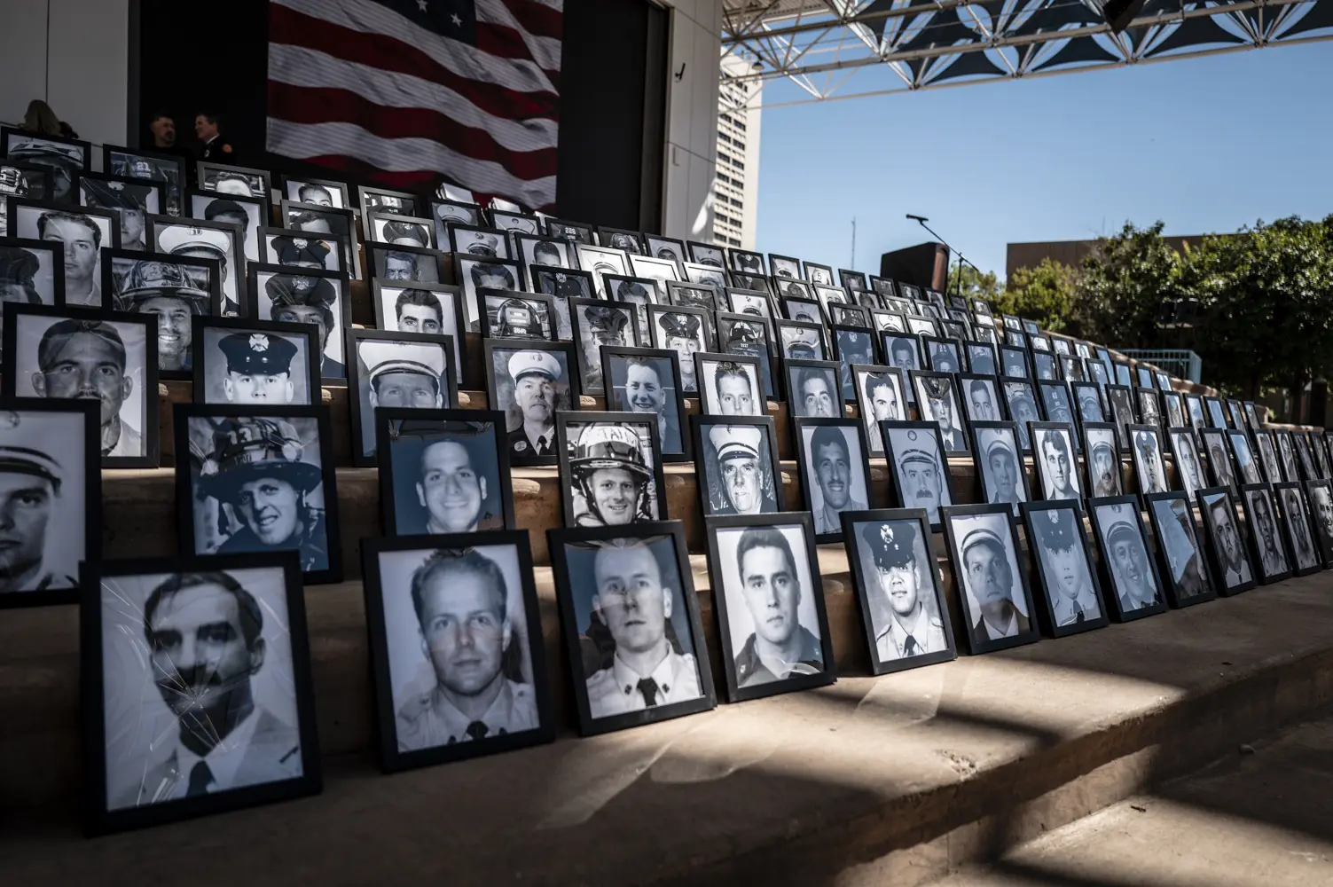 Photo of people killed in 9/11 are displayed in Civic Plaza.