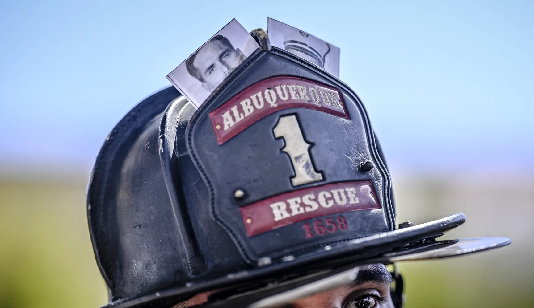 Close up of a fire fighter's helmet.