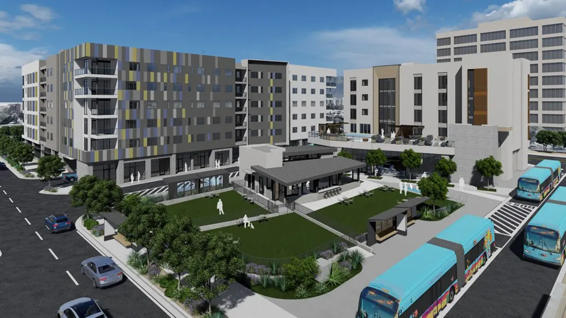 A city rendering shows the planned Uptown Connect development at Albuquerque’s Uptown transit hub, which will combine affordable housing with access to public transit. (CABQ)