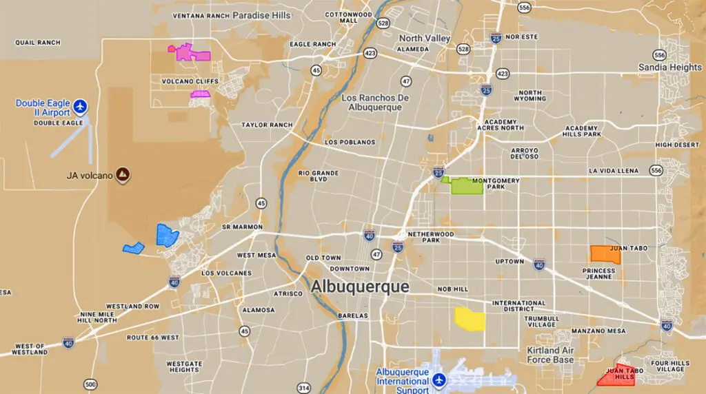 A City of Albuquerque map shows the homes included in the city’s every-other-week recycling pilot program. The affected homes are shown in different colors based on their collection groups. (CABQ)