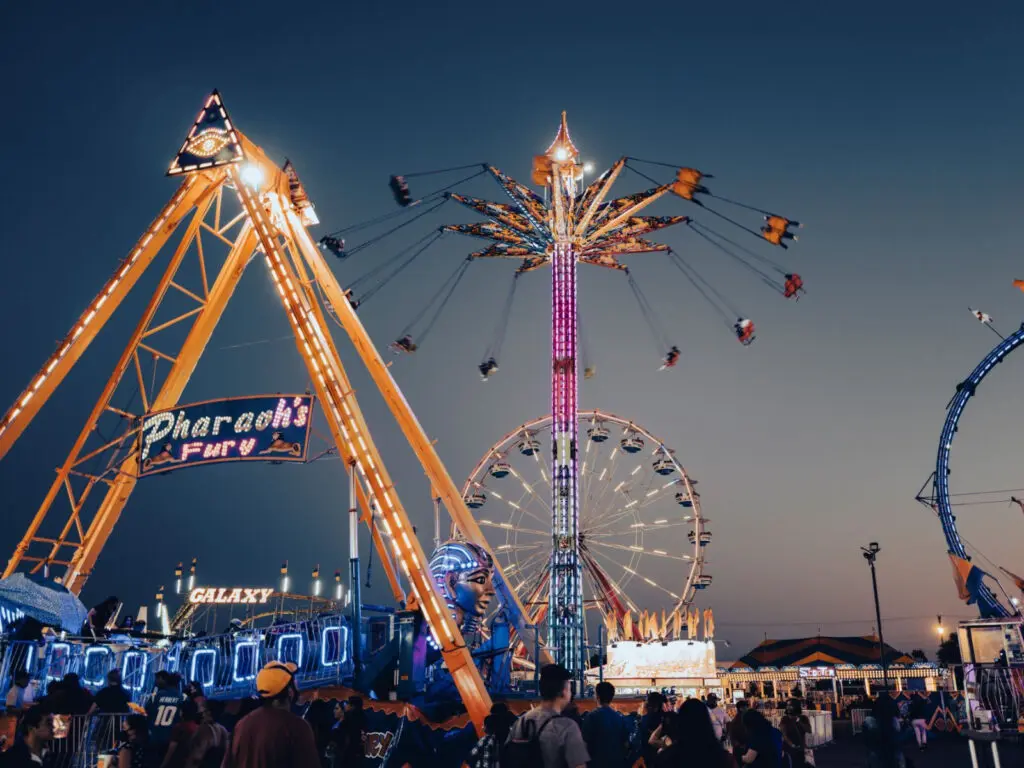 A Ferris wheel at a state fair lights up the night.