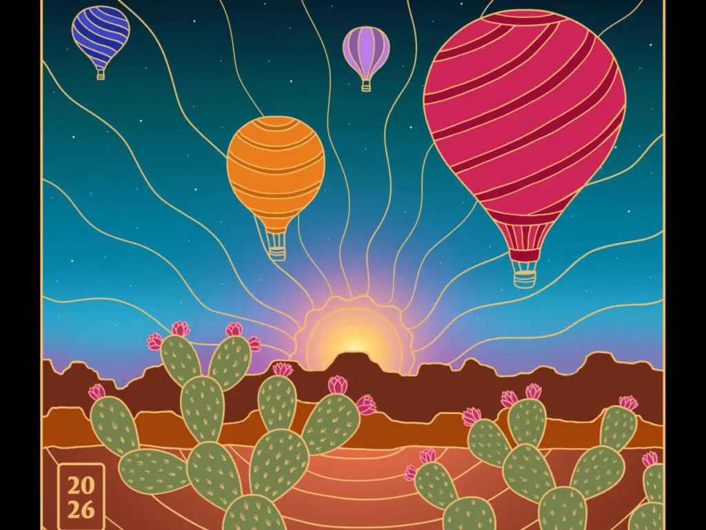 Colorful illustration of hot air balloons flying over cactus.
