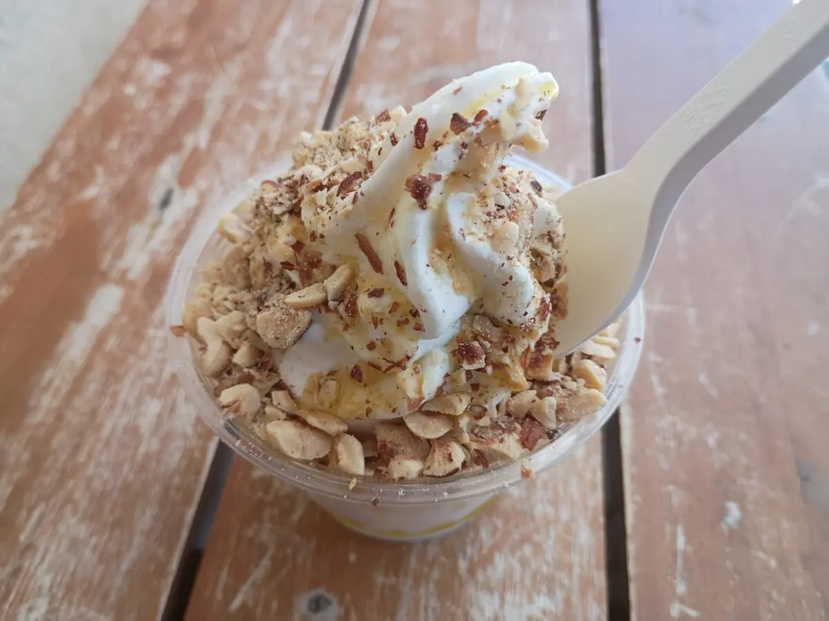 An ice cream sundae covered in hazelnuts.
