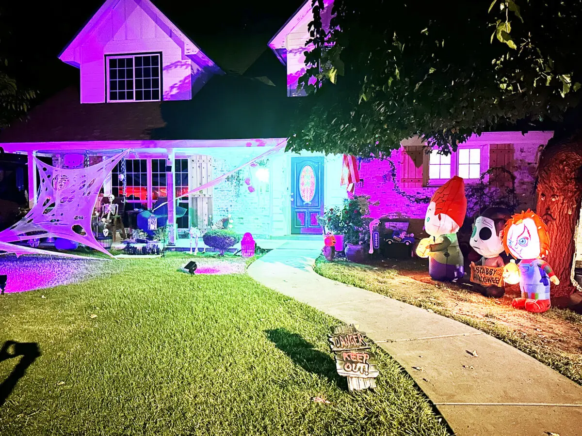 Pictured is a house on North Garden Avenue last year. Wearing bright, reflective patches on costumes helps with visibility at night