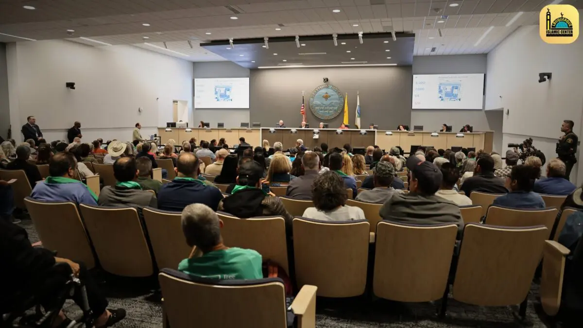 Community members fill the Bernalillo County Commission chambers during an Oct. 14 hearing on an appeal challenging approval of the proposed Albuquerque Islamic Center on Second Street NW. Commissioners voted 4-1 to deny the appeal and uphold the project's conditional-use approval. Courtesy of the Albuquerque Islamic Center.