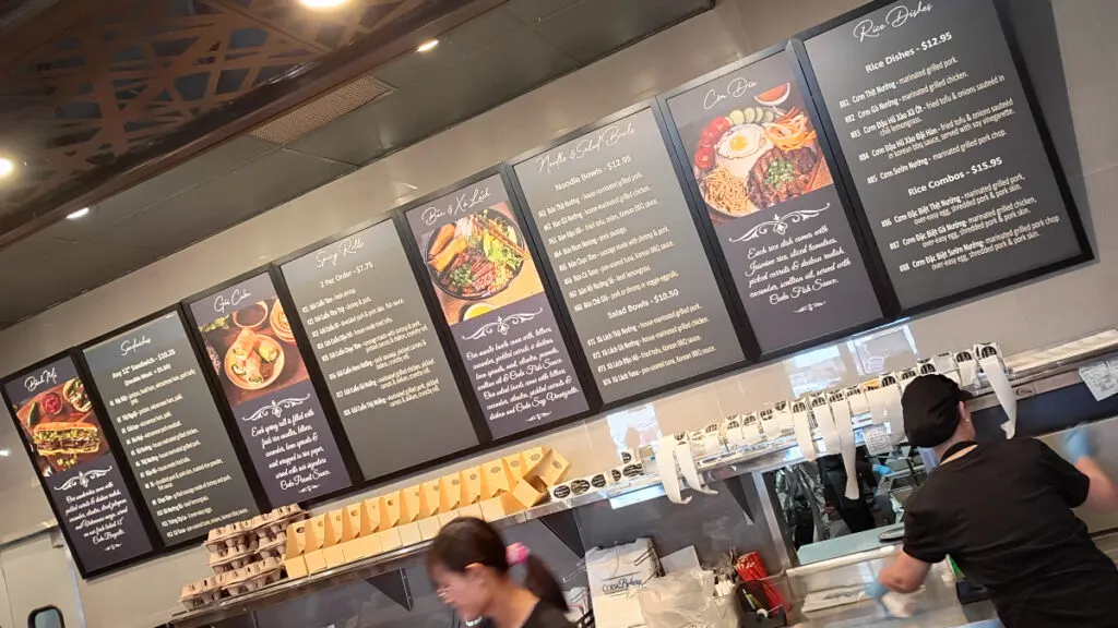 The menu board at a Vietnamese restaurant.