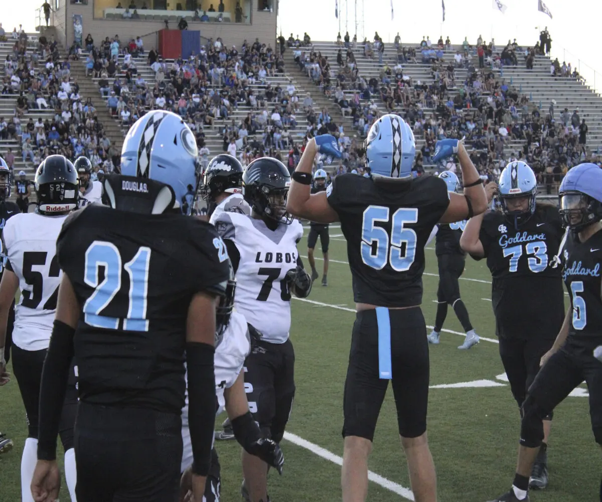 Goddard defensive lineman Tanner Lair flexes after a big hit against Chaparral