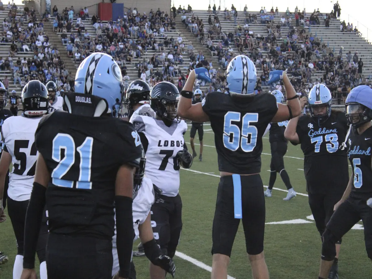 Goddard defensive lineman Tanner Lair flexes after a big hit against Chaparral