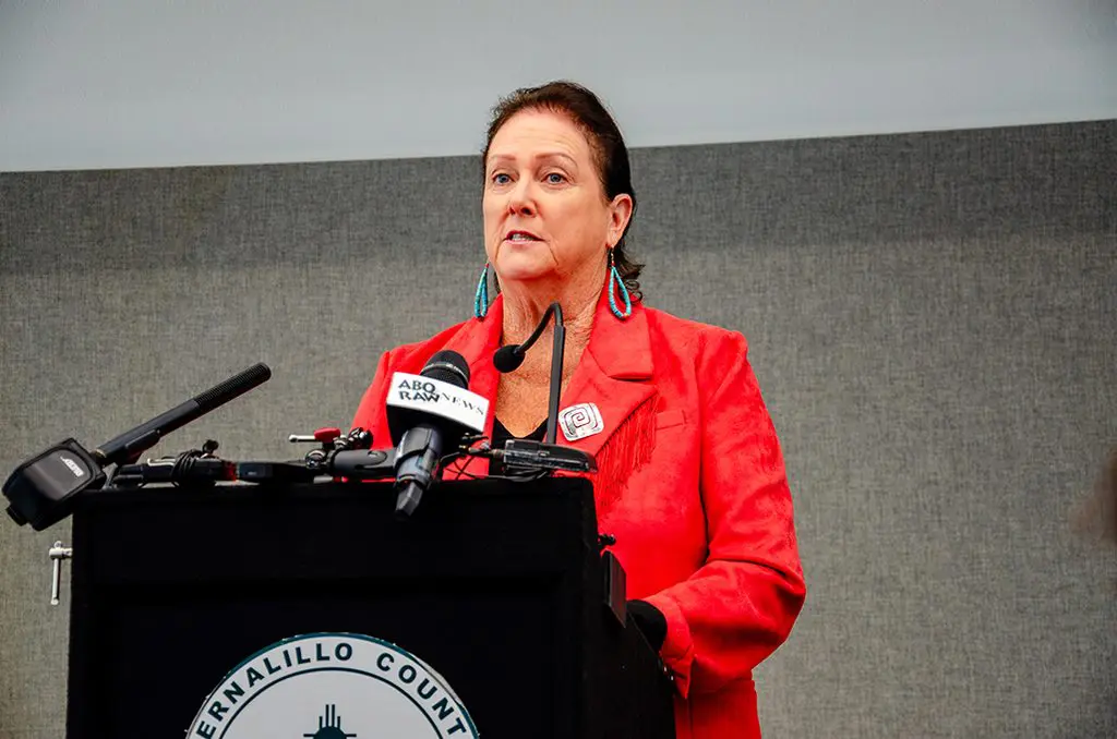 Bernalillo County Commissioner Barbara Baca, a co-sponsor of the county’s fentanyl emergency declaration, speaks during a press conference on the county’s response to the crisis. (Photo by Jesse Jones/The Paper’s City Desk)