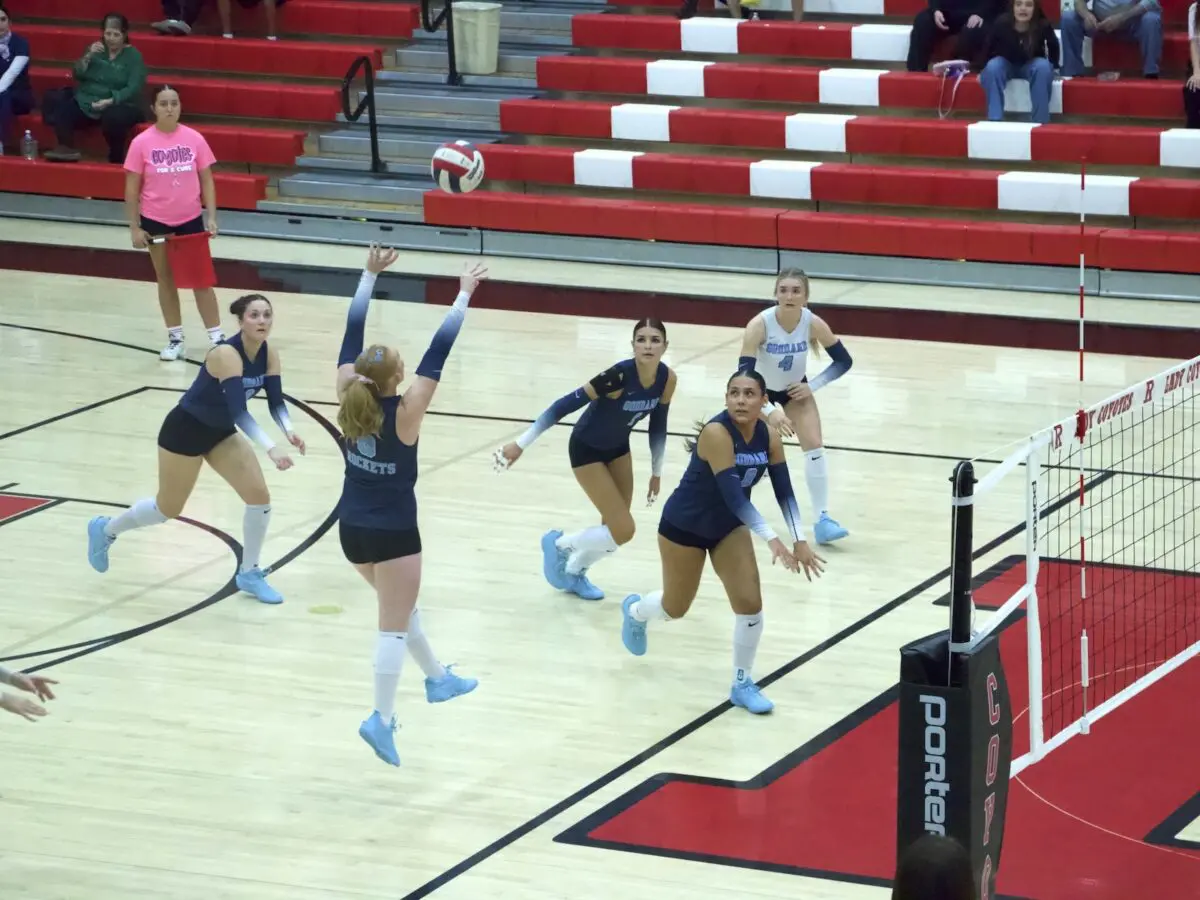Landry Brown (6) sets up Olivia Riffell (2) for a spike in the first set against Roswell.
