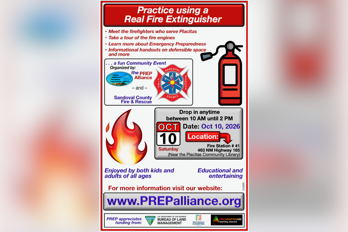 Placitas Resilience & Emergency Preparedness Alliance (PREP) is hoping to increase the confidence of residents with a special event Saturday at Sandoval County Fire Station No. 41. In recognition of National Fire Prevention Month, the group and the county fire department are offering fire extinguisher training in which participants will learn the P.A.S.S. (Pull, Aim, Squeeze, Sweep) method.