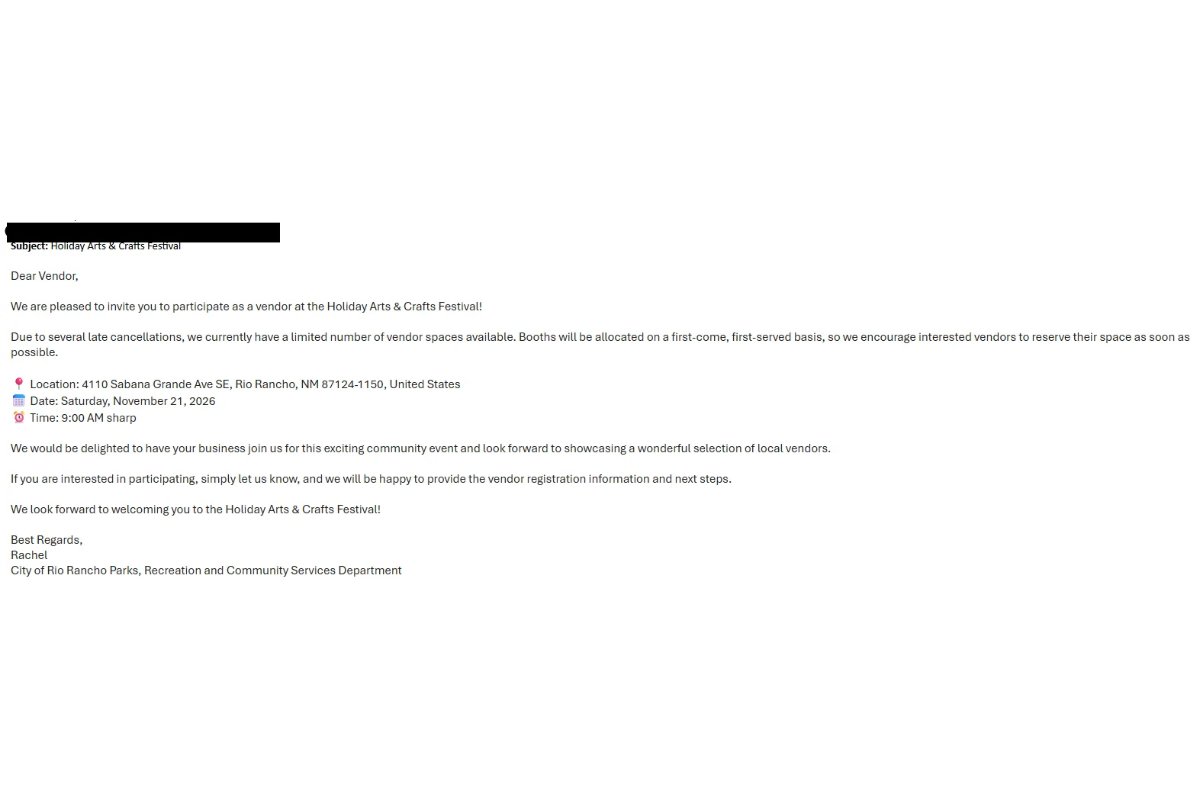 The City of Rio Rancho issued a scam alert Oct. 15, after someone reported a suspicious email that impersonated city staff and requested information about city programs and activities. Other versions of the email may be circulating, the city warned.