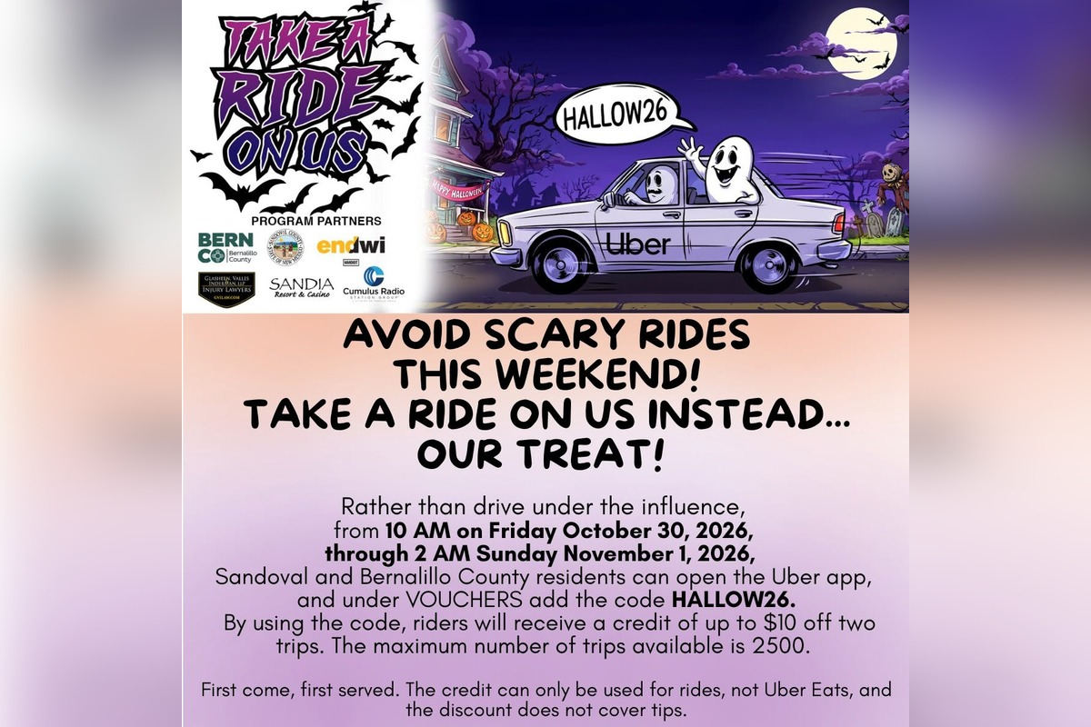 The "Take a Ride on Us" program returns for the holiday, offering up to 2,500 discounted Uber rides to area residents. Anyone interested in participating may open the app, go to “vouchers,” and enter the code HALLOW26 to receive up to $10 off two trips. The vouchers are available on a first-come, first-served basis. The discount is limited to Uber rides and does not apply to Uber Eats orders or cover driver tips.