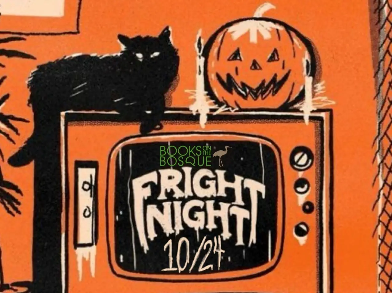 Cartoon of a cat and a pumpkin sitting on a TV.