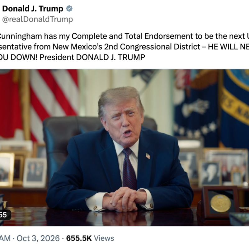 In social post, Trump endorses Cunningham, mispronounces Vasquez’s name and doubles down on renaming New Mexico