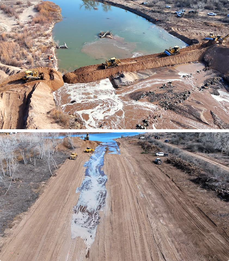 Phase 1 of the Corrales River Mile 199 Project on March 3, 2026, looking upstream and showing construction of the rock-lined cofferdam used to reroute the Rio Grande (top) into the newly built side channel (bottom). Reclamation photos