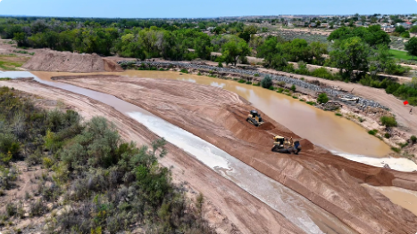 Rerouting the Rio Grande during Phase 3 of the Corrales River Mile 199 Project, looking west on August 12, 2026, toward the Village of Corrales where the river channel was encroaching on the levee. Reclamation photo