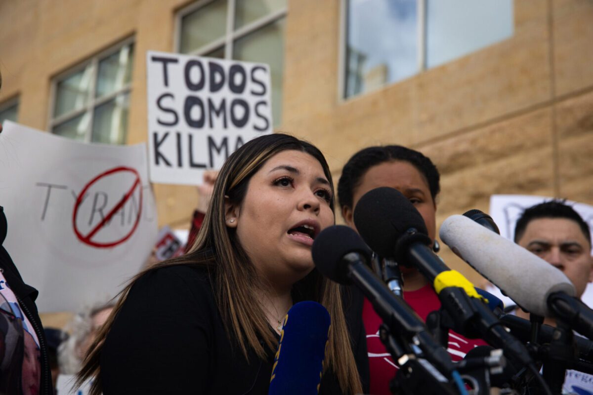 Kilmar Abrego García’s wife, Jennifer Vasquez Sura, speaks out at a rally outside the U.S. District Court for the District of Maryland in Greenbelt, Maryland, on Tuesday. Abrego García was wrongfully deported to a Salvadoran prison, and despite the Supreme Court’s ruling that he must be returned to the United States, President Donald Trump is refusing to do so.