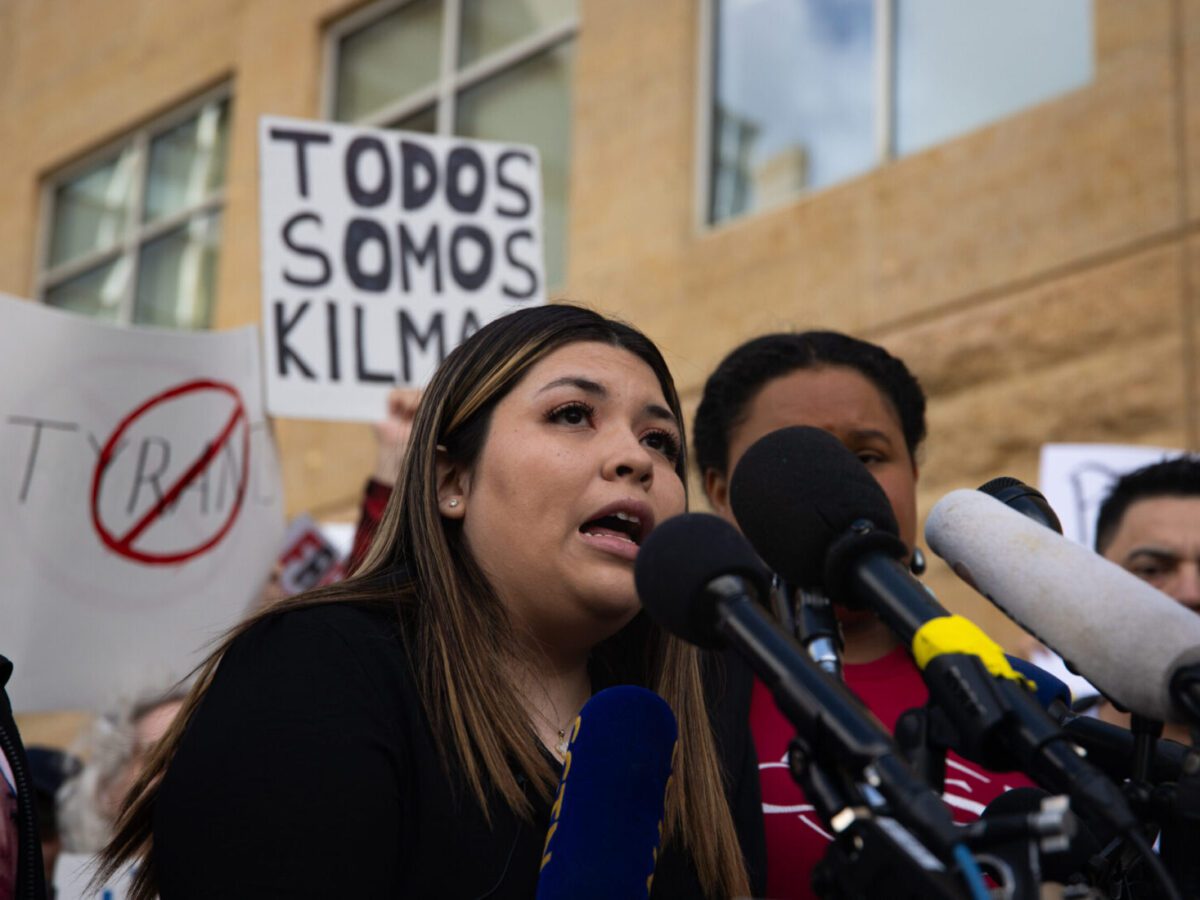 Kilmar Abrego García’s wife, Jennifer Vasquez Sura, speaks out at a rally outside the U.S. District Court for the District of Maryland in Greenbelt, Maryland, on Tuesday. Abrego García was wrongfully deported to a Salvadoran prison, and despite the Supreme Court’s ruling that he must be returned to the United States, President Donald Trump is refusing to do so.