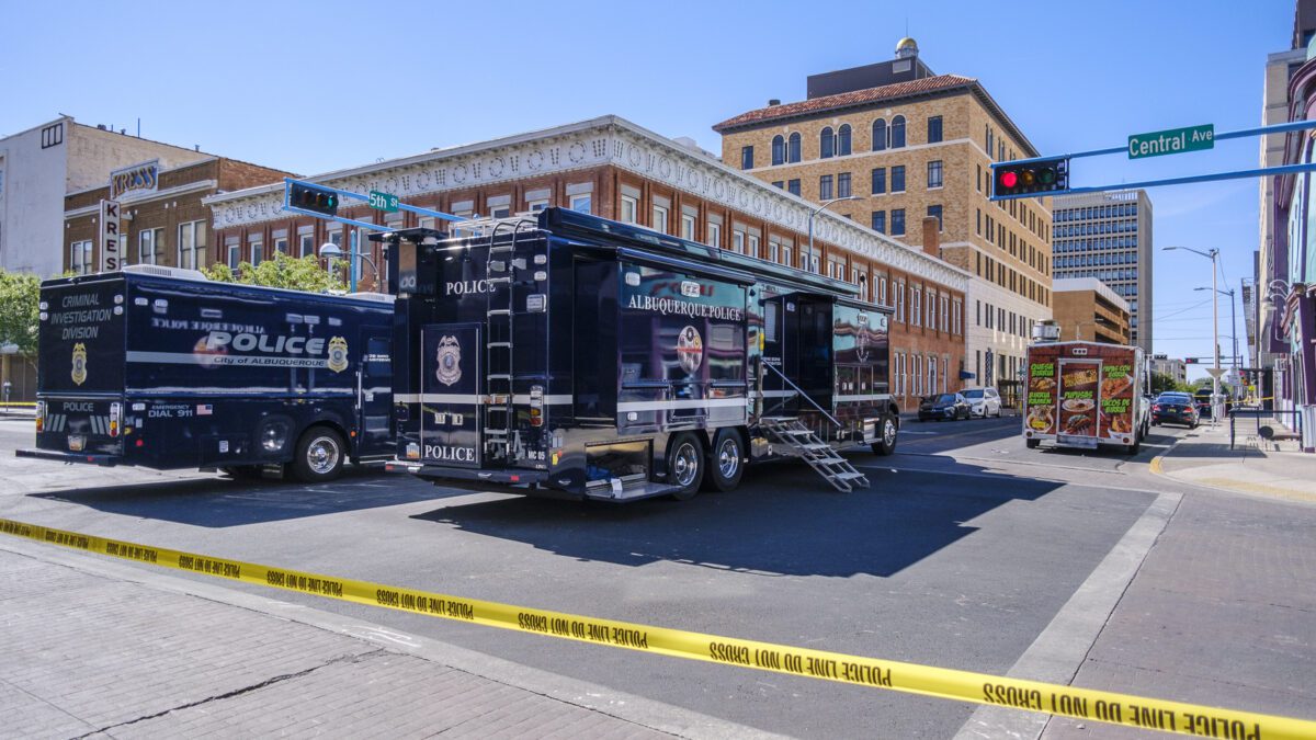 Crime scene investigators at the scene of a shooting near the intersection of Central Avenue and Gold in downtown Albuquerque. Roberto E/ Rosales/City Desk ABQ