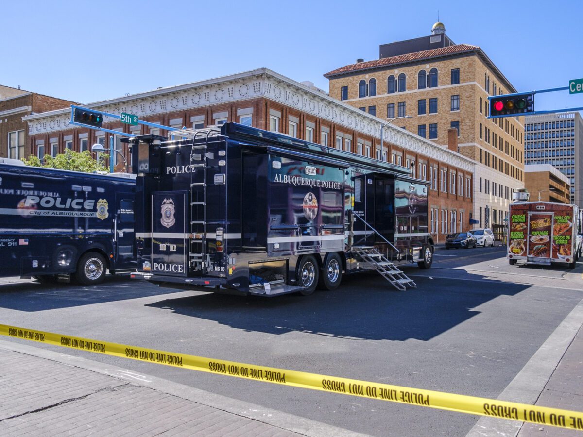 Crime scene investigators at the scene of a shooting near the intersection of Central Avenue and Gold in downtown Albuquerque. Roberto E/ Rosales/City Desk ABQ