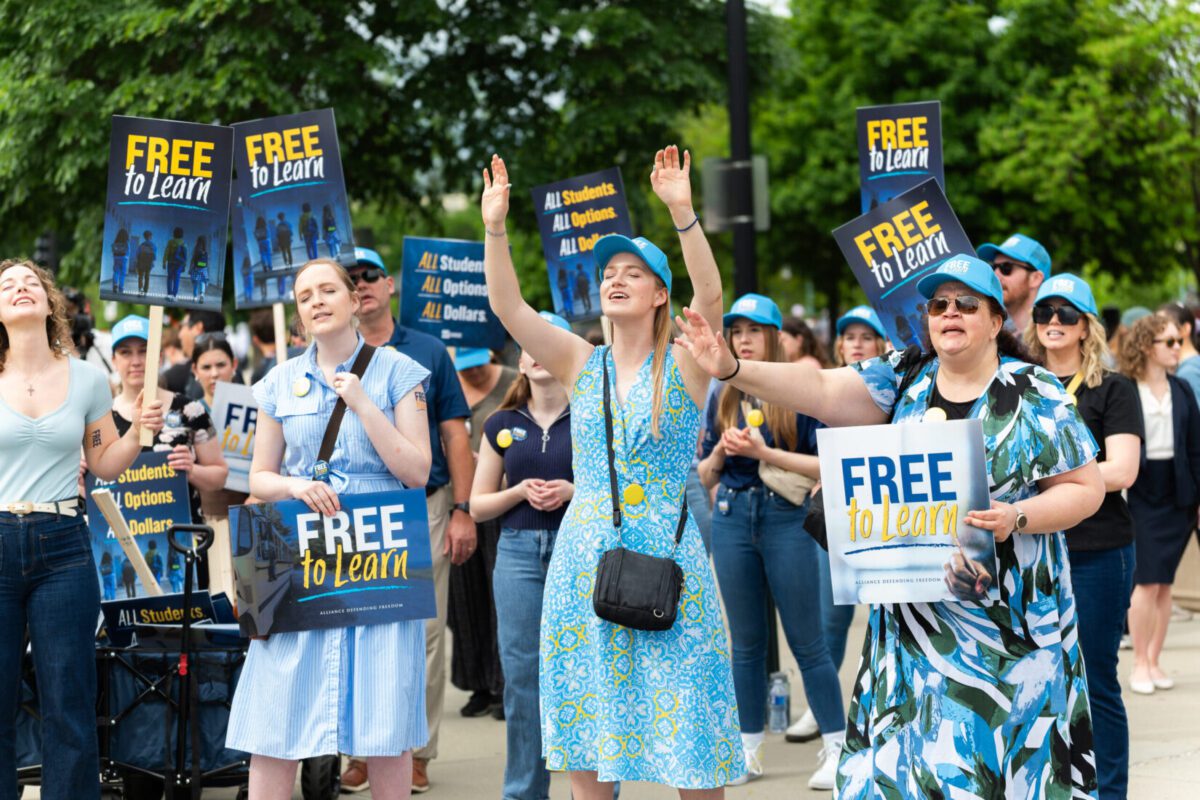 The Oklahoma student group Free To Learn demonstrates at the Supreme Court ahead of oral arguments in a religious charter school case in Washington, D.C., on Wednesday. Shedrick Pelt/for The Washington Post