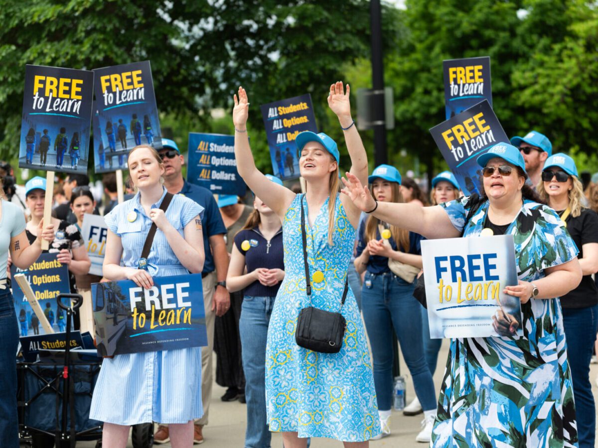 The Oklahoma student group Free To Learn demonstrates at the Supreme Court ahead of oral arguments in a religious charter school case in Washington, D.C., on Wednesday. Shedrick Pelt/for The Washington Post