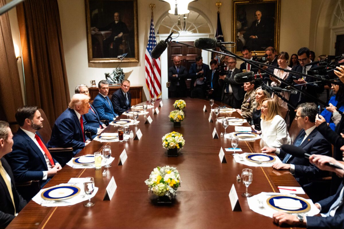 President Donald Trump speaks with Italian Prime Minister Giorgia Meloni in the Cabinet Room of the White House on Thursday.