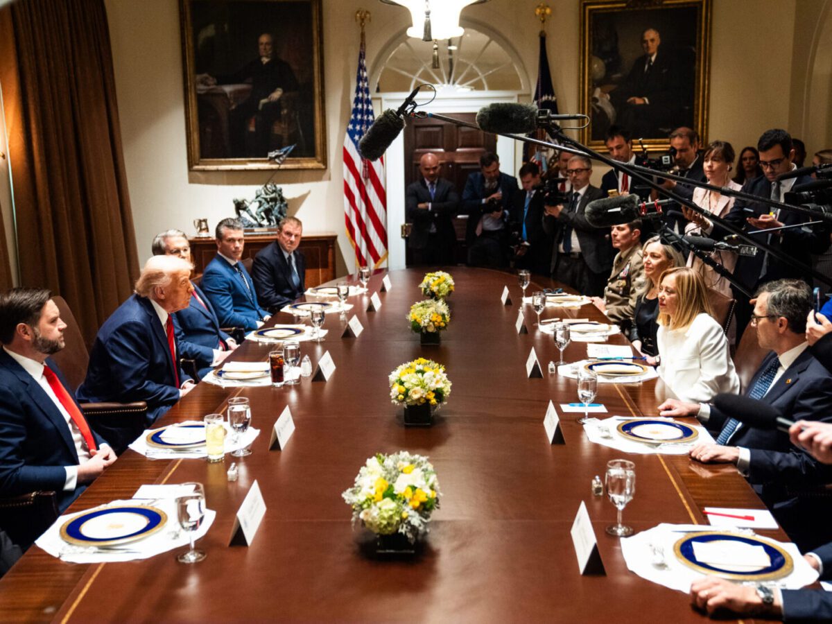 President Donald Trump speaks with Italian Prime Minister Giorgia Meloni in the Cabinet Room of the White House on Thursday.