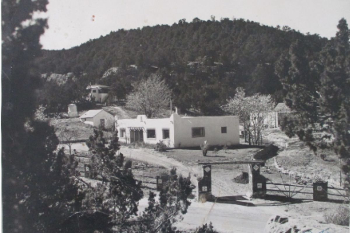 The old stone house at Los Alamitos, which still stands today just south of Tijeras. Original portions of house date back to at least the early 20th century and perhaps as far back as the 1880s. This photo shows how it looked about 1950, after Valentine Knott remodeled and added stucco to the exterior. Photo Courtesy of Rick Holben