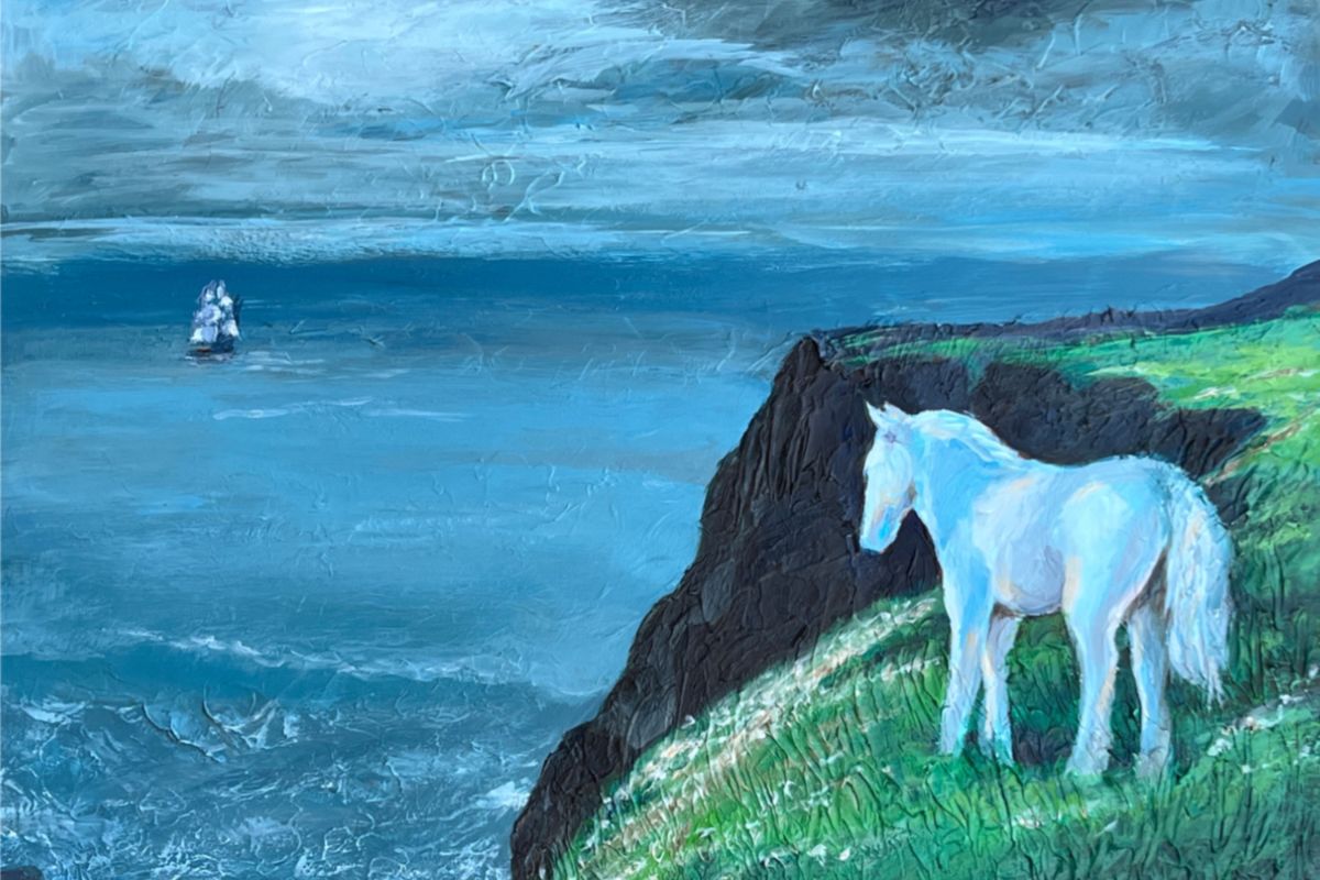 And So They Set Out — Stamp a White Horse; acrylic on panel, 16x20”