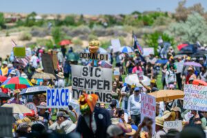 On June 14, thousands in the Albuquerque community showed up for the No Kings Rally held at Mariposa Basin Park in Taylor Ranch. This is one of thousands planned throughout the country on Saturday. Pictured is Molly Cruz chanting during the even.