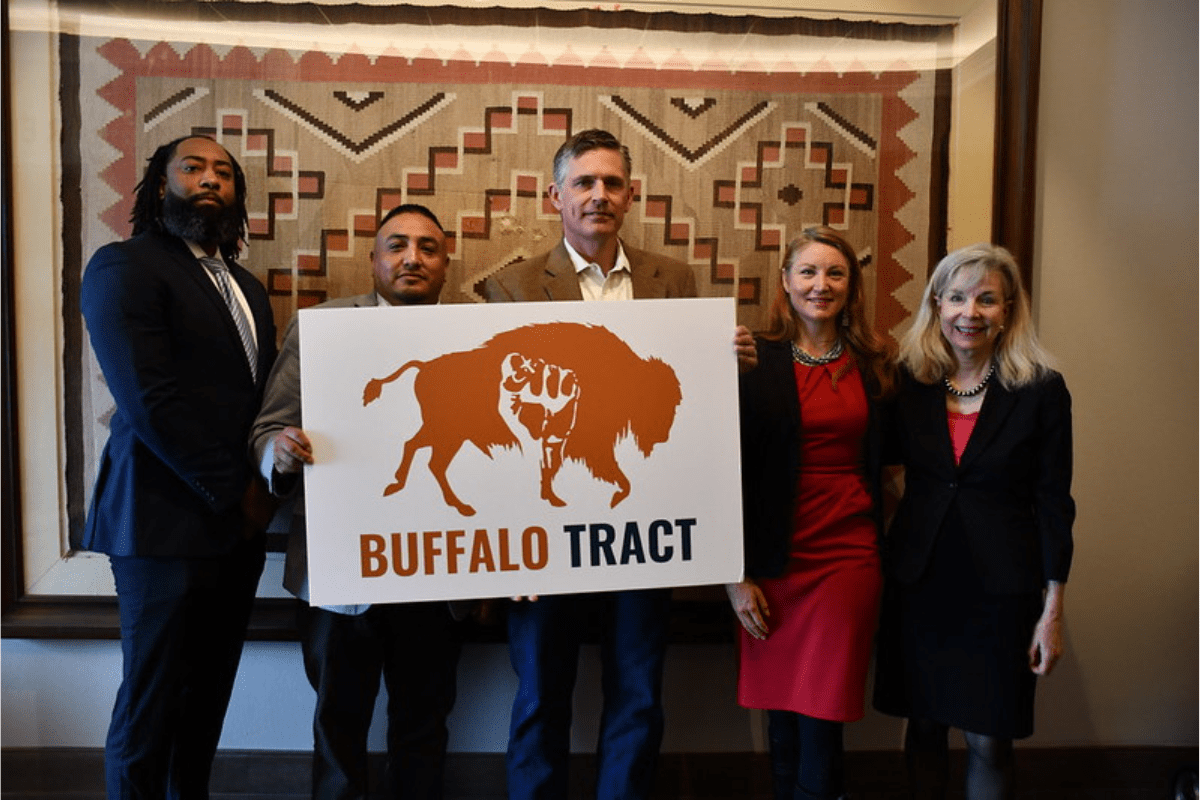 (From left) Sandoval County Commissioner Joshua Jones, Santa Ana Pueblo Governor Nathan K. Garcia, U.S. Senator Martin Heinrich, U.S. Representative Melanie Stansbury, and Placitas resident Mary Rose de Valladares at community event to protect the Buffalo Tract, March 17, 2023.