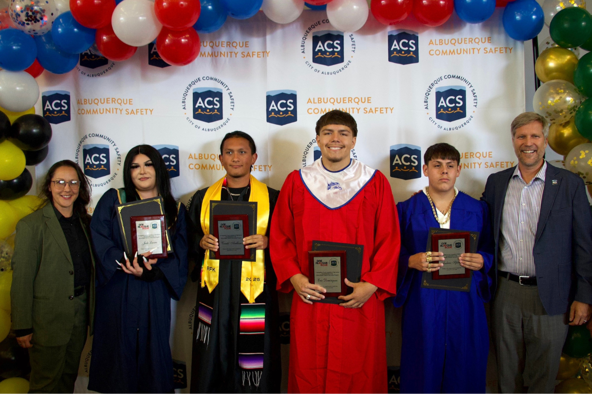 Pictured left to right: ACS Director Jodie Esquibel, Atrisco Heritage Academy’s Jade Lucero, RFK’s Vicente Arellano, West Mesa’s Eric Dominguez, Albuquerque Talent Academy’s Andrew Sifuentes, and Mayor Tim Keller.